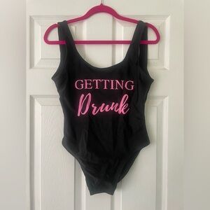 Black Bodysuit/Bathing Suit with Pink Text (Getting Drunk)
